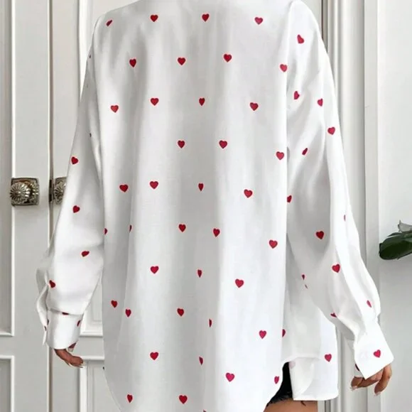 White Casual Women's Front Button Long Sleeve Pocket Heart All Over Print Shirt - Picture 2 of 4